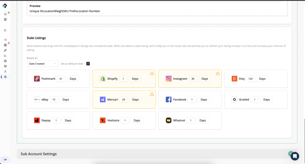Screenshot of stale listing settings.